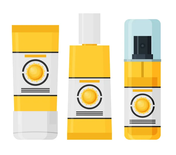 Sunscreen Care Sun Protection Cosmetics Vector Illustration Cream Icon Set — Stock Vector