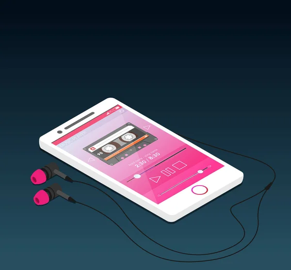 ヘッドフォンの音楽プレーヤーのインターフェイスでフラット スタイルの携帯電話のイラスト — ストックベクタ