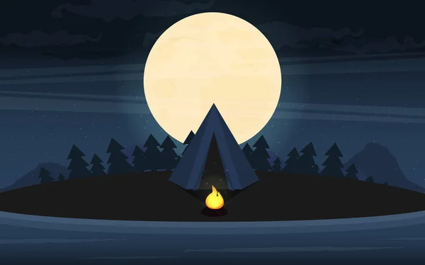 Acampar Forest Por Noche Ilustración Estilo Plano — Archivo Imágenes Vectoriales