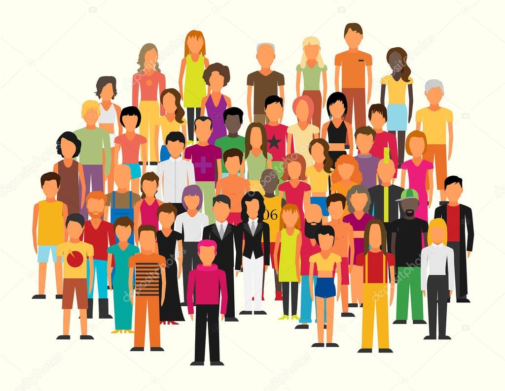 Flat illustration of society members with a large group of men and women