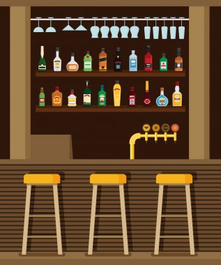 Bar tabureleri ve alkollü içecekler raflar düz vektör çizim üzerinde olan sayaç