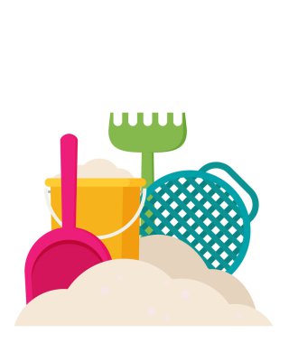 Farklı çocuk oyuncakları kum plajındaki, vektör çizim