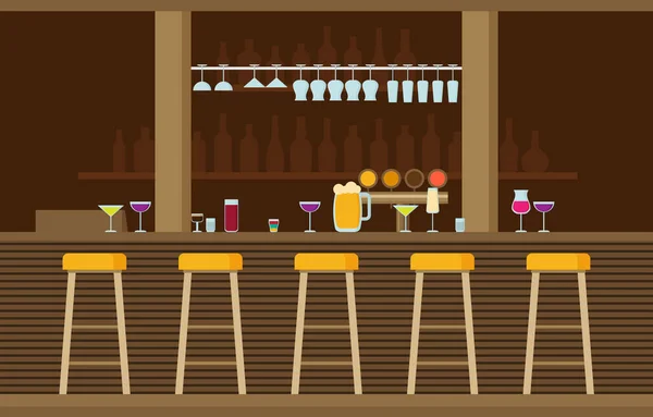 酒吧柜台与酒精饮料和凳子平的向量例证 — 图库矢量图片