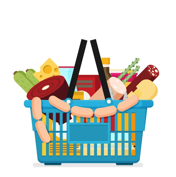 购物篮与新鲜的食物和饮料 在超市买杂货 矢量插图 — 图库矢量图片