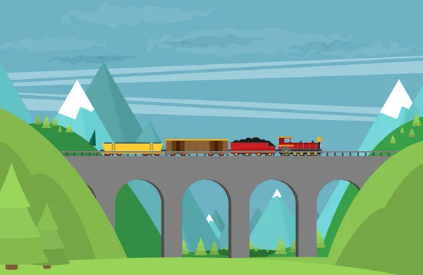 Tren en puente ferroviario — Vector de stock