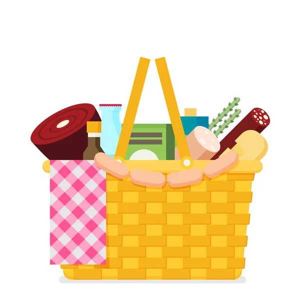 Picknickmand Met Vers Eten Drinken Vectorillustratie — Stockvector