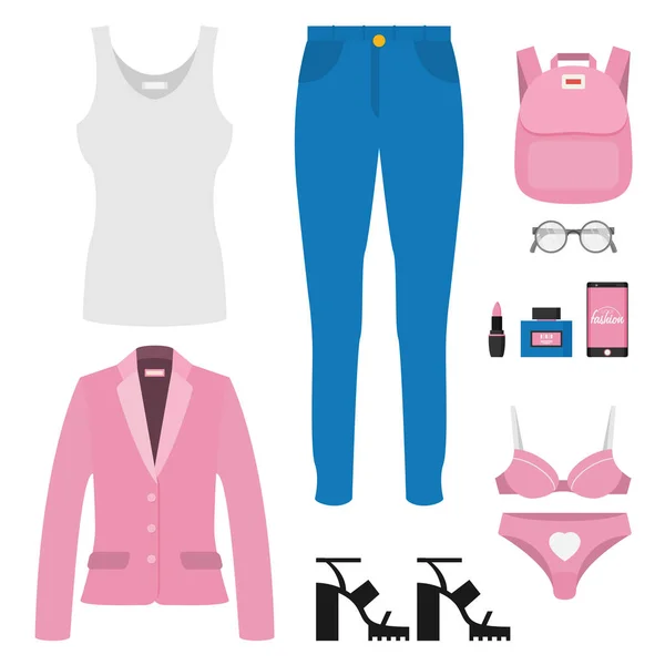 Vettore Piatto Ragazza Vestiti Accessori Set Vettore Illustrazione — Vettoriale Stock