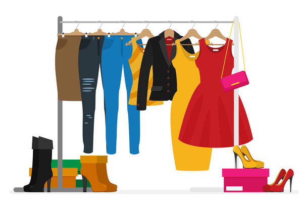 Flat vector racks with clothes on hangers, vector, illustration
