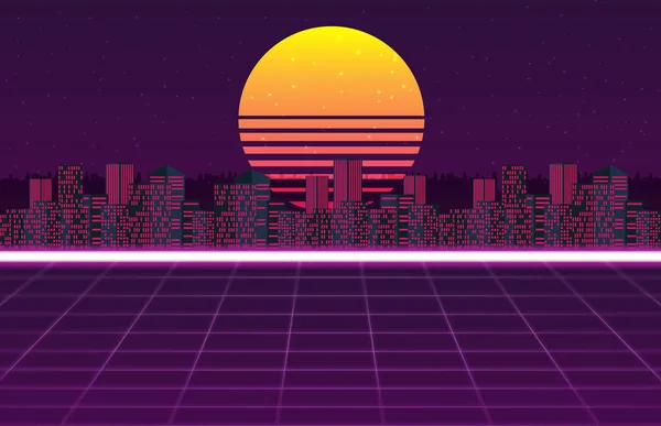 Nacht Stadsgezicht Plat Futuristische Retro Stijl Vector Illustratie — Stockvector