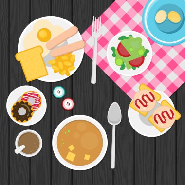 Kahvaltı vektör çizim. Sosis, sandviç ve yumurta ile plaka. Düz stil