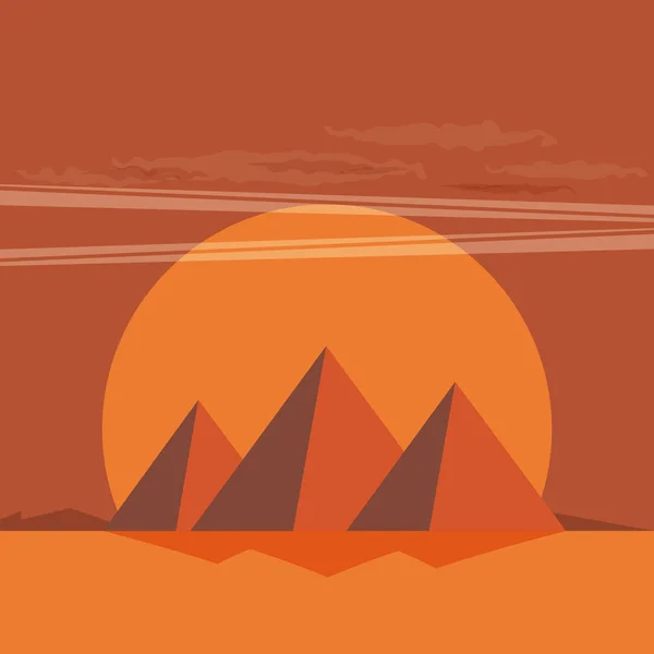 Wüstenblick Mit Ägyptischen Pyramiden Bei Sonnenuntergang Flache Vektorillustration — Stockvektor