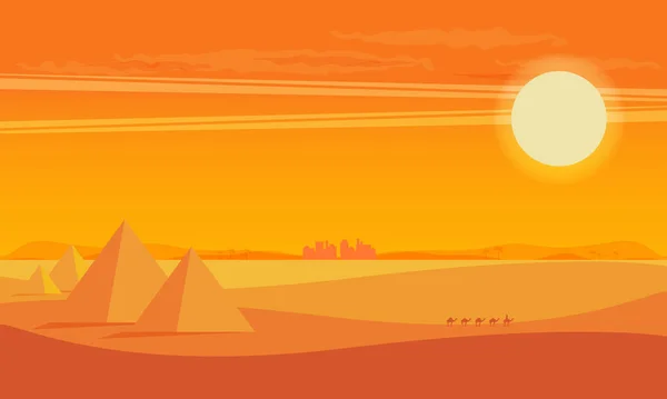 Desert View Med Egypten Pyramiderna Solnedgången Platt Vektorillustration — Stock vektor