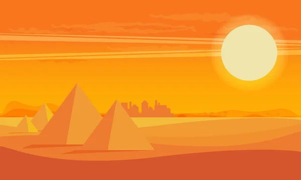 Vista Sul Deserto Con Egitto Piramidi Tramonto Illustrazione Vettoriale Piatta — Vettoriale Stock