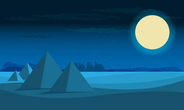 Desert View Med Egypten Pyramiderna Natten Platt Vektorillustration — Stock vektor