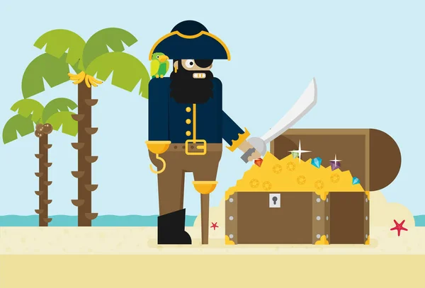 海賊と砂漠に開いている宝箱および海賊もの島フラット デザイン — ストックベクタ