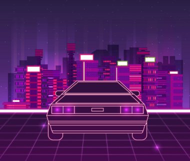 Şehir ve araba Retro dalga 80s stili arka plan