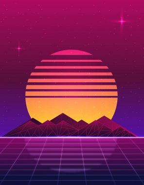 Retro dalga 80s stili arka plan günbatımı ve geometrik Dağları ile