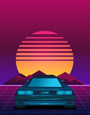 Gün batımı, geometrik dağlar ve araba Retro dalga 80s stili arka plan