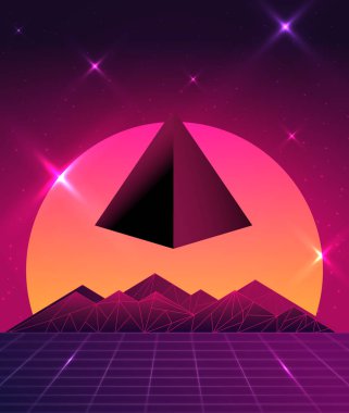 Retro dalga 80s stil günbatımı, geometrik dağlar ve kayan piramit arka plan