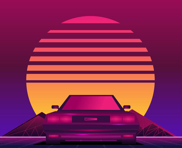 Retro wave 80s style background with sunset and car