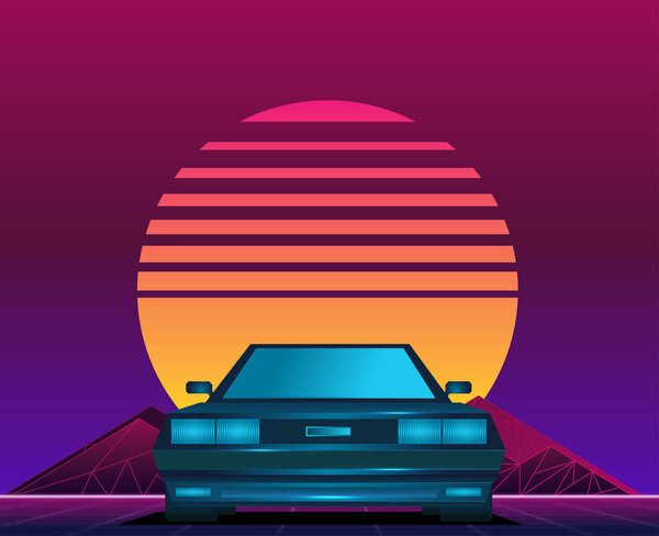 Retro wave 80s style background with sunset and car