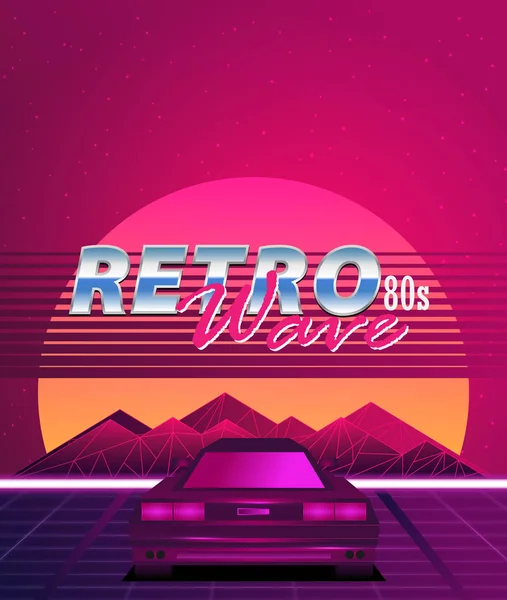 Retro Welle 80Er Jahre Stil Hintergrund Mit Sonnenuntergang Geometrischen Bergen — Stockvektor