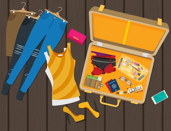 Gepackter Koffer Für Den Sommerurlaub Vektor Illustration — Stockvektor