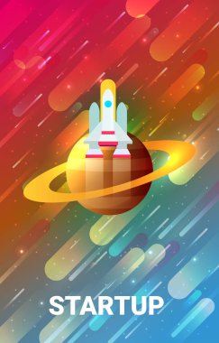 Gezegen ve roket ile kozmik arkaplan, vektör illüstrasyonu  