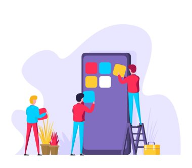 Modern düz dizayn şablonu, ux, ui tasarım. İnsanlarla, harflerle ve simgelerle kavram.