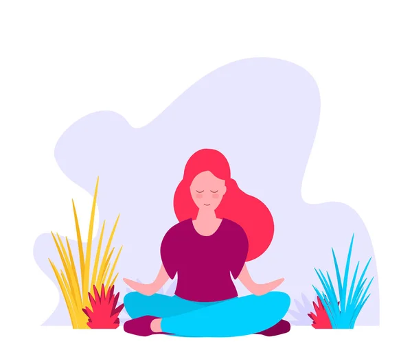 Chica Sentada Una Posición Loto Yoga Chica Meditación Yoga Naturaleza — Vector de stock
