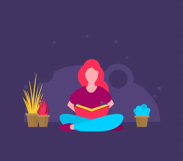 Chica Sentada Una Posición Yoga Lotus Leyendo — Vector de stock