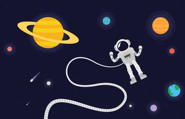 Spaceman Che Vola Cielo Disegno Piatto Colorato Vettoriale Illustrazione — Vettoriale Stock
