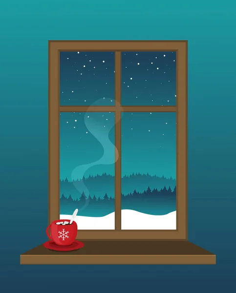 Вікно Видом Зимовий Пейзаж Мультфільм Плоский Стиль Векторні Ілюстрації — стоковий вектор
