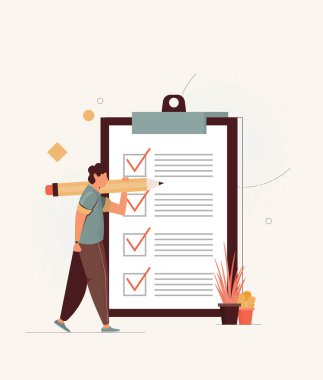 Omzunda kocaman bir kalem olan, not defterine işaretlenmiş bir iş adamı. Çizim düz tasarım biçimi 