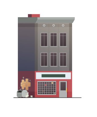 Beyaz arka planda izole edilmiş dükkan veya depolama illüstrasyonuna sahip şehir merkezi vektör binası