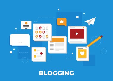 Blog aktivitesi olan bilgisayar. Düz vektör.