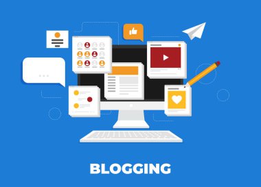 Blog aktivitesi olan bilgisayar. Düz vektör.