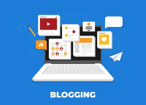 Computador Com Atividade Blogging Vetor Plano — Vetor de Stock
