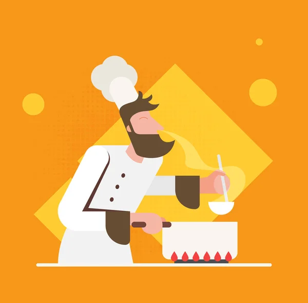 Chef Con Barba Sombrero Con Tenedor Sobre Fondo Amarillo — Archivo Imágenes Vectoriales