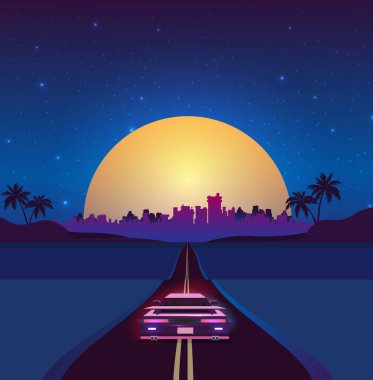 Geçmişe dönük, 80 'lerin tarzı bilim kurgu geçmişi. Fütürist araba.