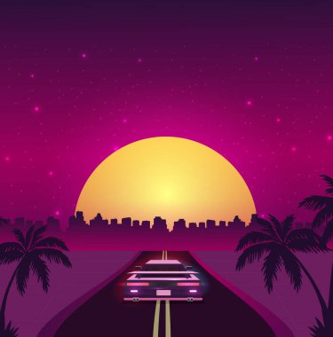 Geçmişe dönük, 80 'lerin tarzı bilim kurgu geçmişi. Fütürist araba.