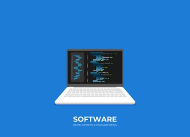 Yazılım geliştirme ve programlama, pc ekranındaki program kodu, büyük veri işleme, izometrik hesaplama