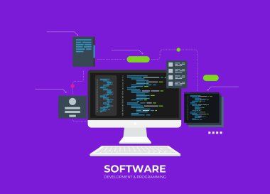 Software development and programming, program code on pc screen, big data processing, computing isometric clipart svg vector 