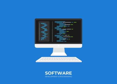 Yazılım geliştirme ve programlama, pc ekranındaki program kodu, büyük veri işleme, izometrik hesaplama