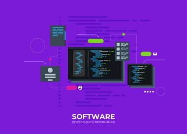 Yazılım geliştirme ve programlama, pc ekranındaki program kodu, büyük veri işleme, izometrik hesaplama