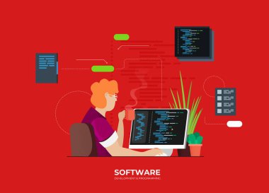 Yazılım geliştirme ve programlama, pc ekranındaki program kodu, büyük veri işleme, izometrik hesaplama