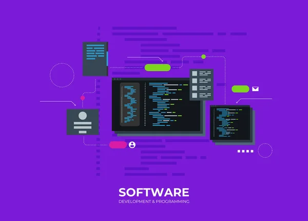 ソフトウェア開発とプログラミング Pc画面上のプログラムコード ビッグデータ処理 計算等 — ストックベクタ