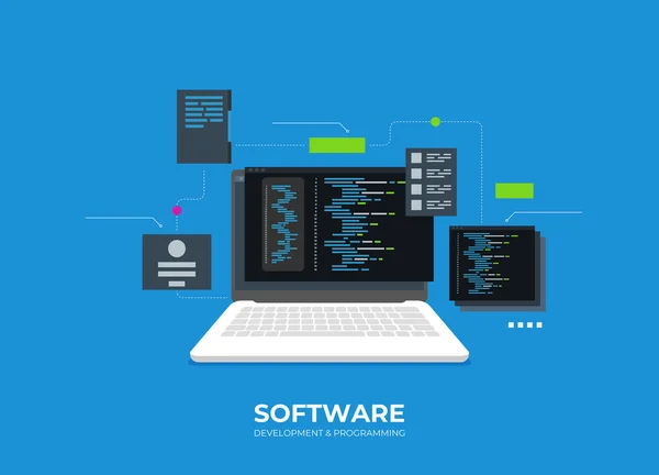 软件开发和编程 Pc屏幕上的程序代码 大数据处理 计算等距 — 图库矢量图片