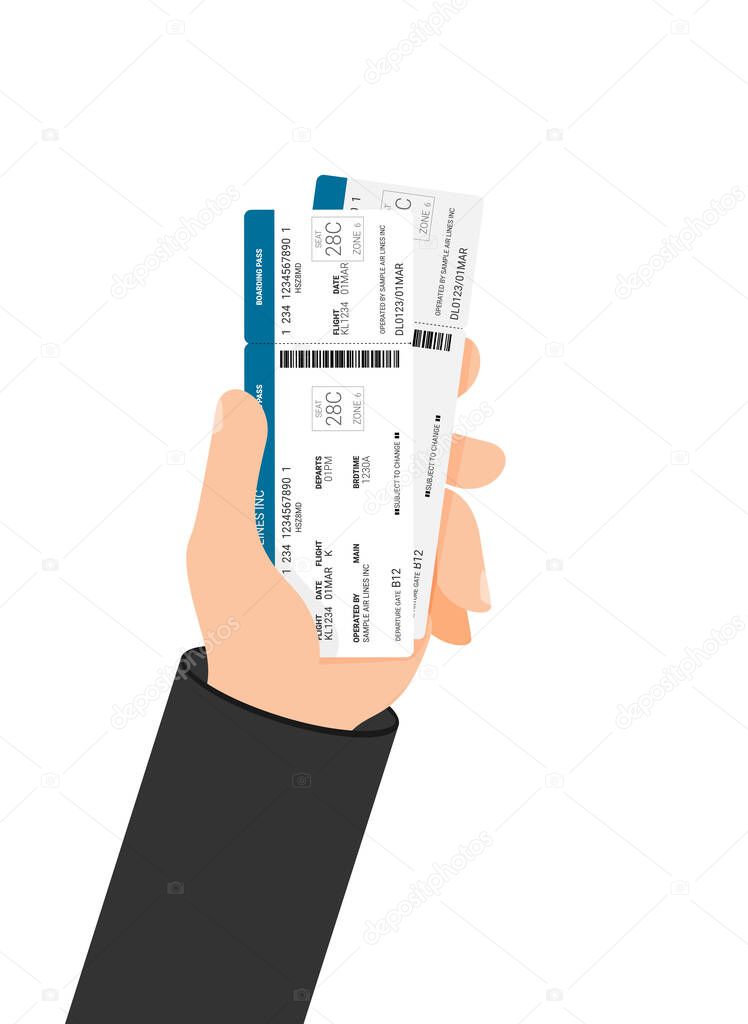 Passport with tickets in hand vector illustration isolated on background.