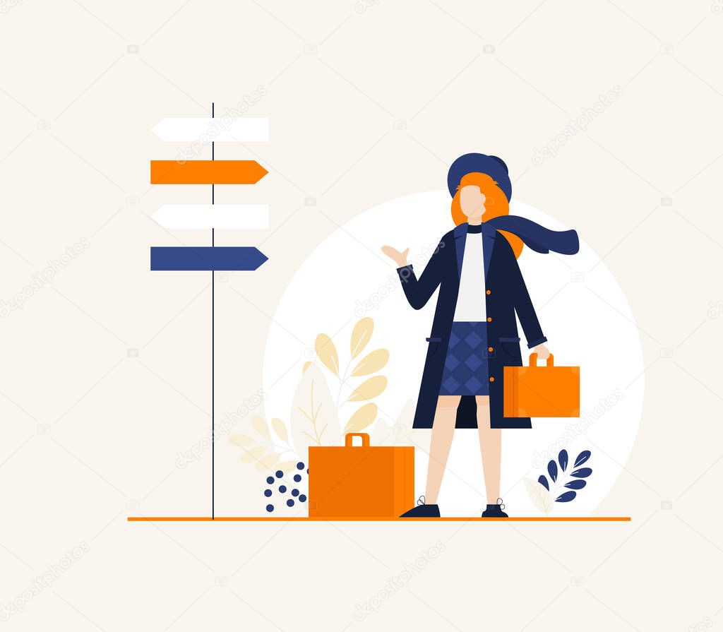 Young girl travel with baggage flat vector illustration